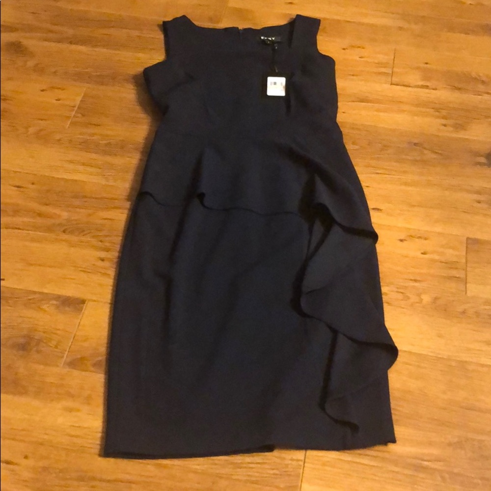 DKNY Navy asymmetrical neckline ruffle dress